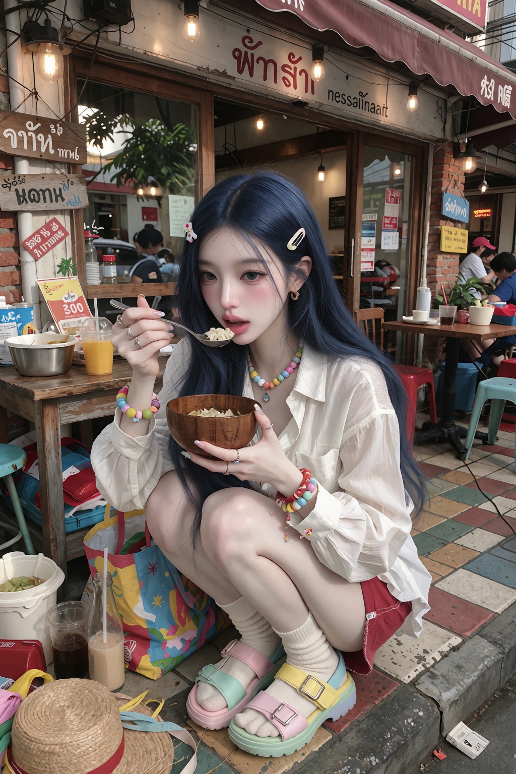 long straight hair styled with a neat center part and sleek finish,  ,  narrow piercing stare A photorealistic candid stre...