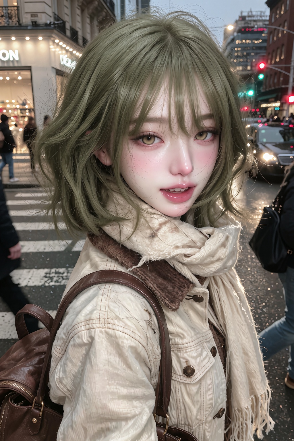 short chic bob cut with see-through bangs,  ,  bright expressive eyes A photorealistic Douyin-style close-up street photog...