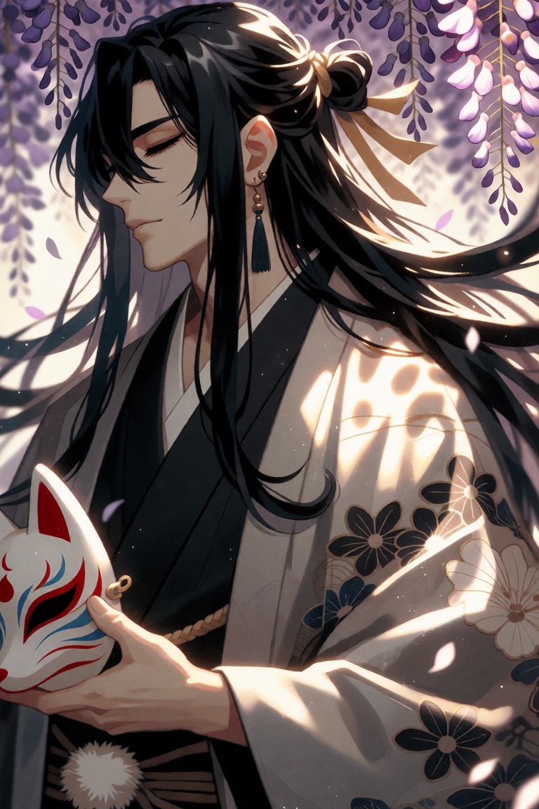 Create a detailed image of a man with long,  black hair,  wearing traditional Japanese clothes such as a kimono with wide...