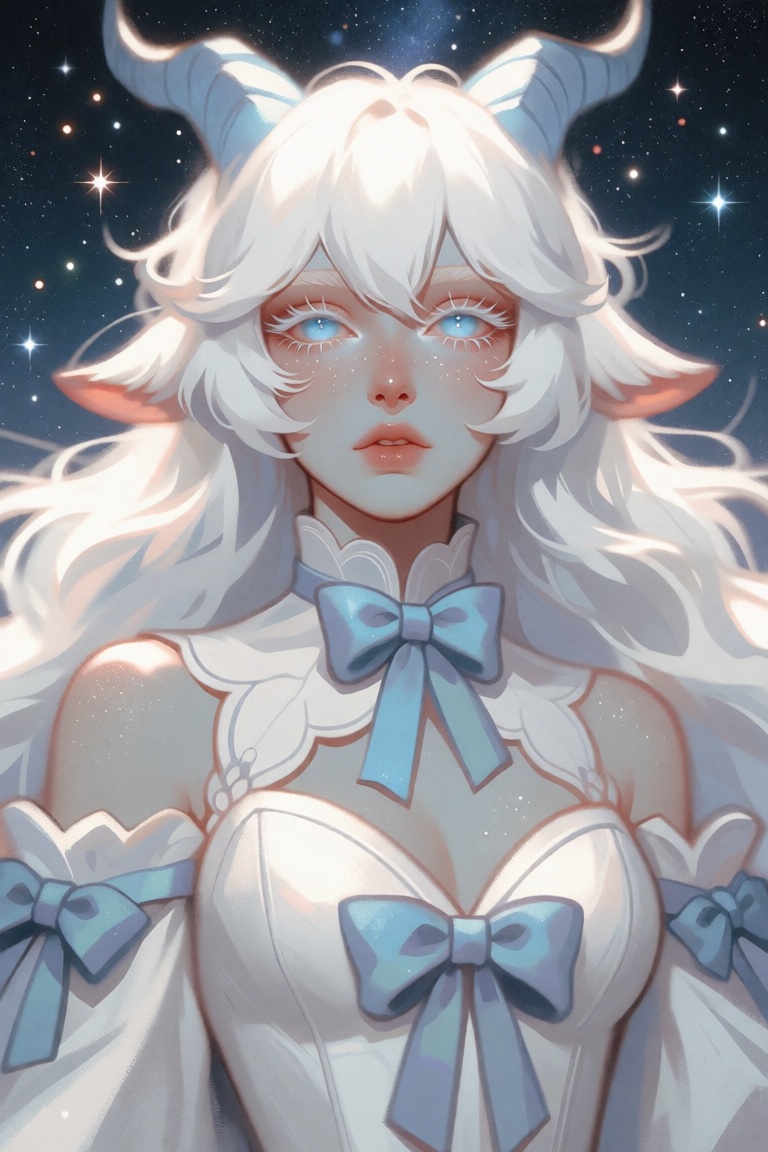 style: semi realistic digital illustration,  The image depicts a serene and mystical scene of a woman with goat horns surr...