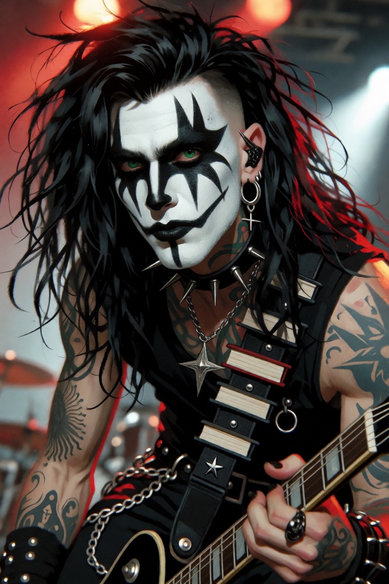 man with black and white face paint,  rockstar face paint makeup,  black eyeshadow and lipstick on Tensor.Art