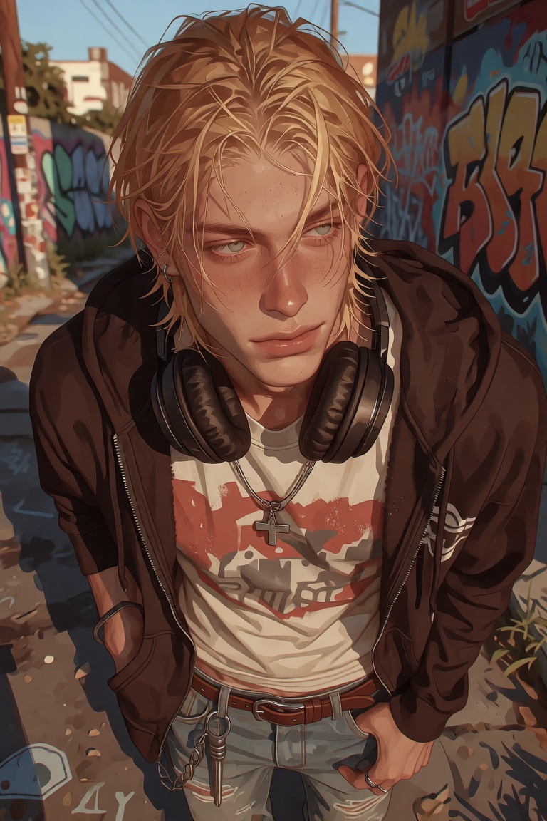 Create a pseudo-realistic image with stylized western elements of a young male with medium-length blonde hair and blue eye...