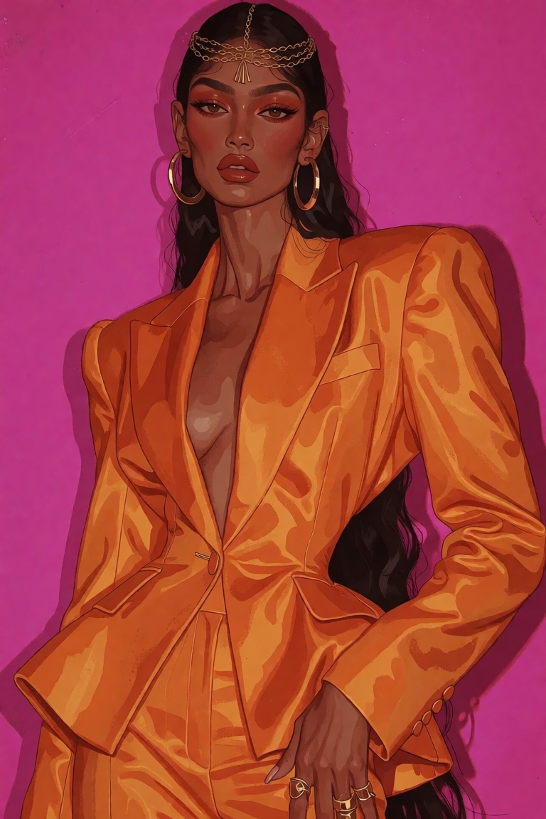 stylized editorial fashion illustration of a South Asian woman with warm brown skin,  sleek waist-length black hair with a...