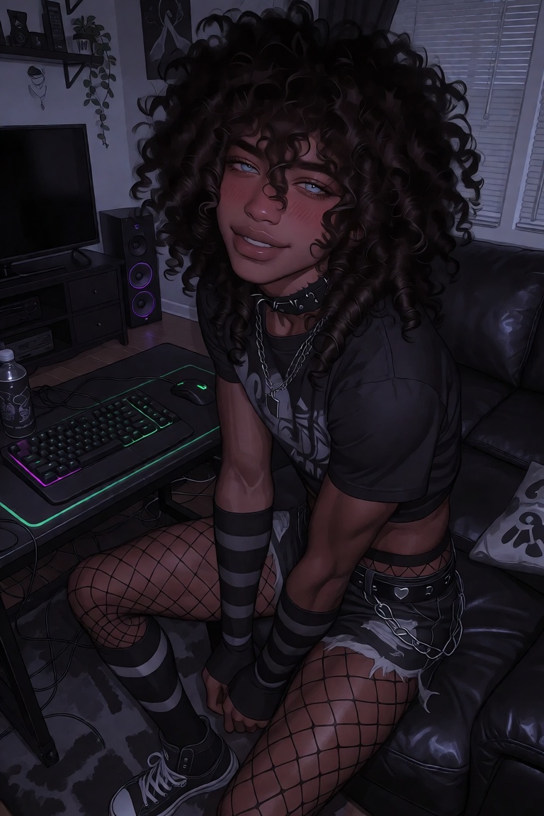 Create a semi-realistic art piece featuring a lone African-American male with long,  curly afro hair and dark skin. He has...