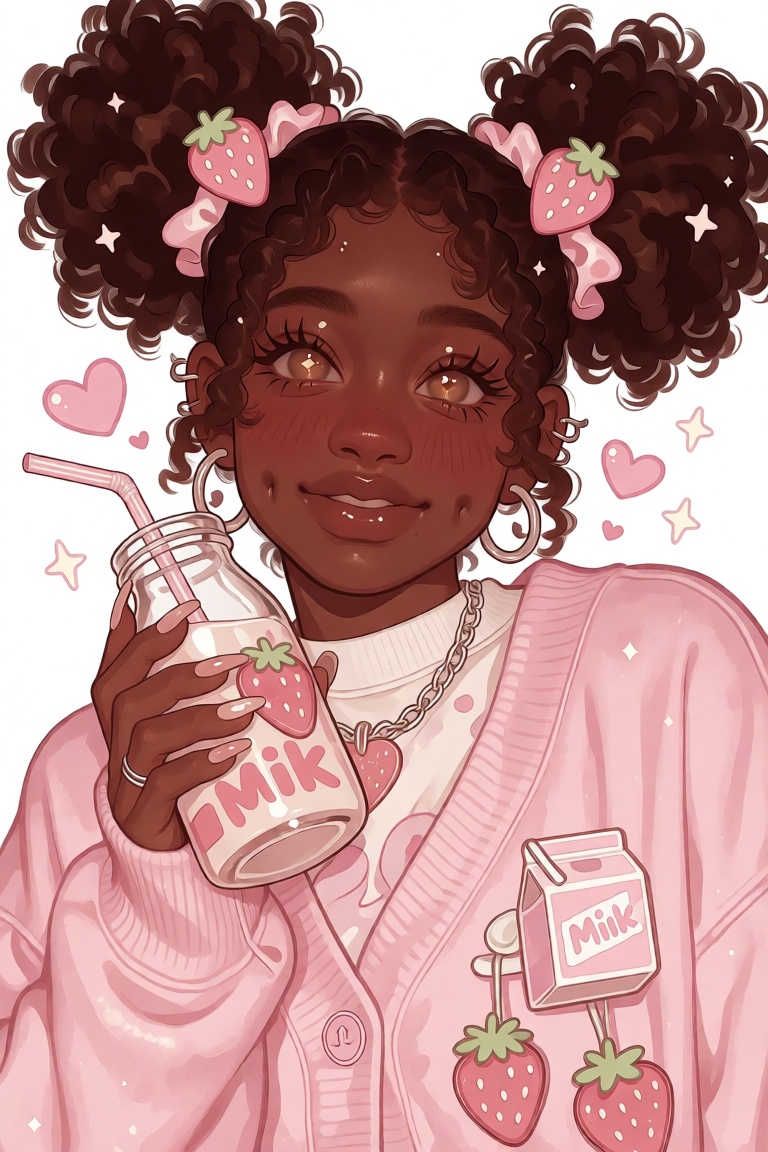 illustration of a young Black woman with deep brown skin and rosy blushing cheeks,  voluminous afro puffs tied with pink s...