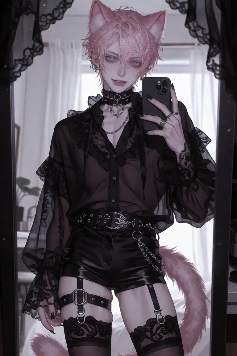 A young boy with short pink hair and striking blue eyes stands in front of a mirror,  holding a phone in one hand. He has...