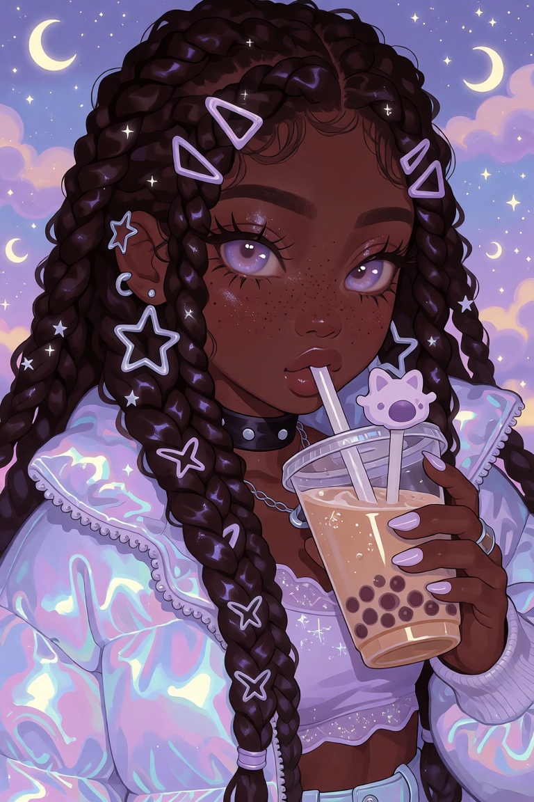 illustration of a young Black woman with rich espresso skin,  long glossy box braids with lavender and silver star clips,...