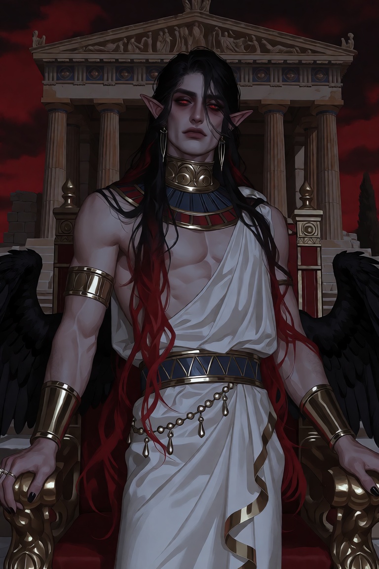 Create a scene where a mature male,  focusing on his crossdressing appearance,  stands calmly in an ancient Greek temple b...