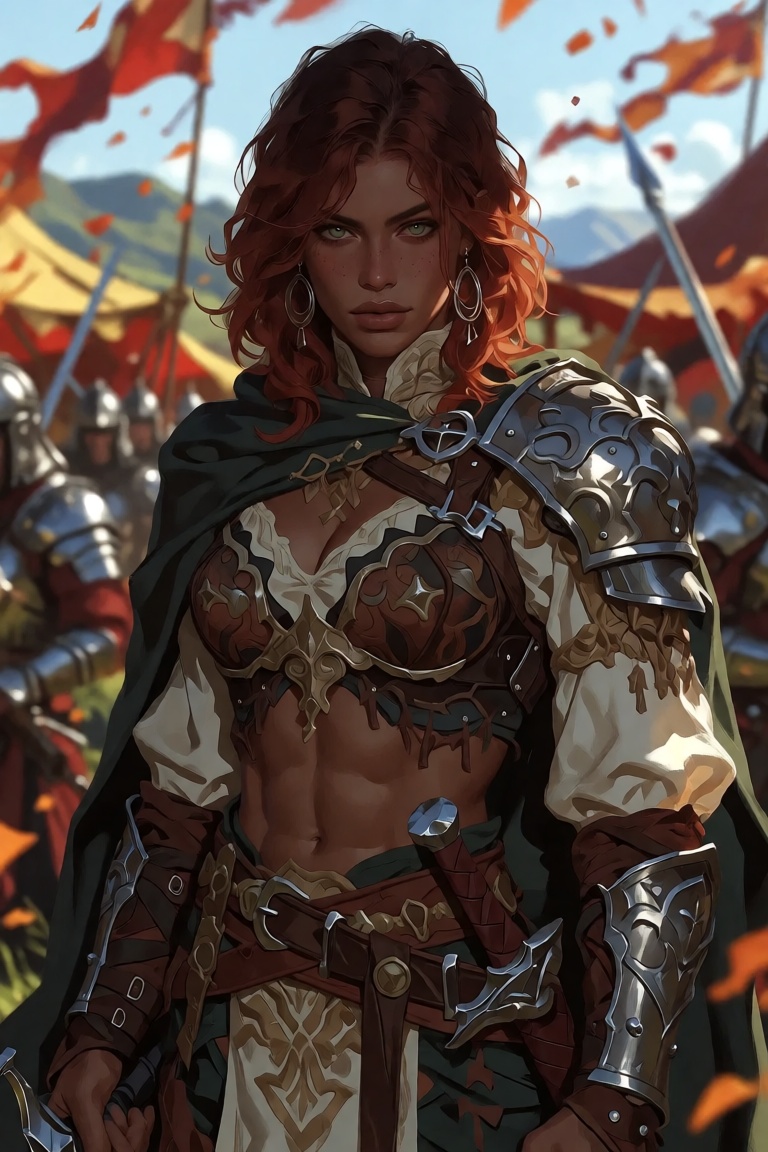 Create a medium portrait of a tall,  well-built warrior woman in her late twenties,  with medium-length auburn hair and st...