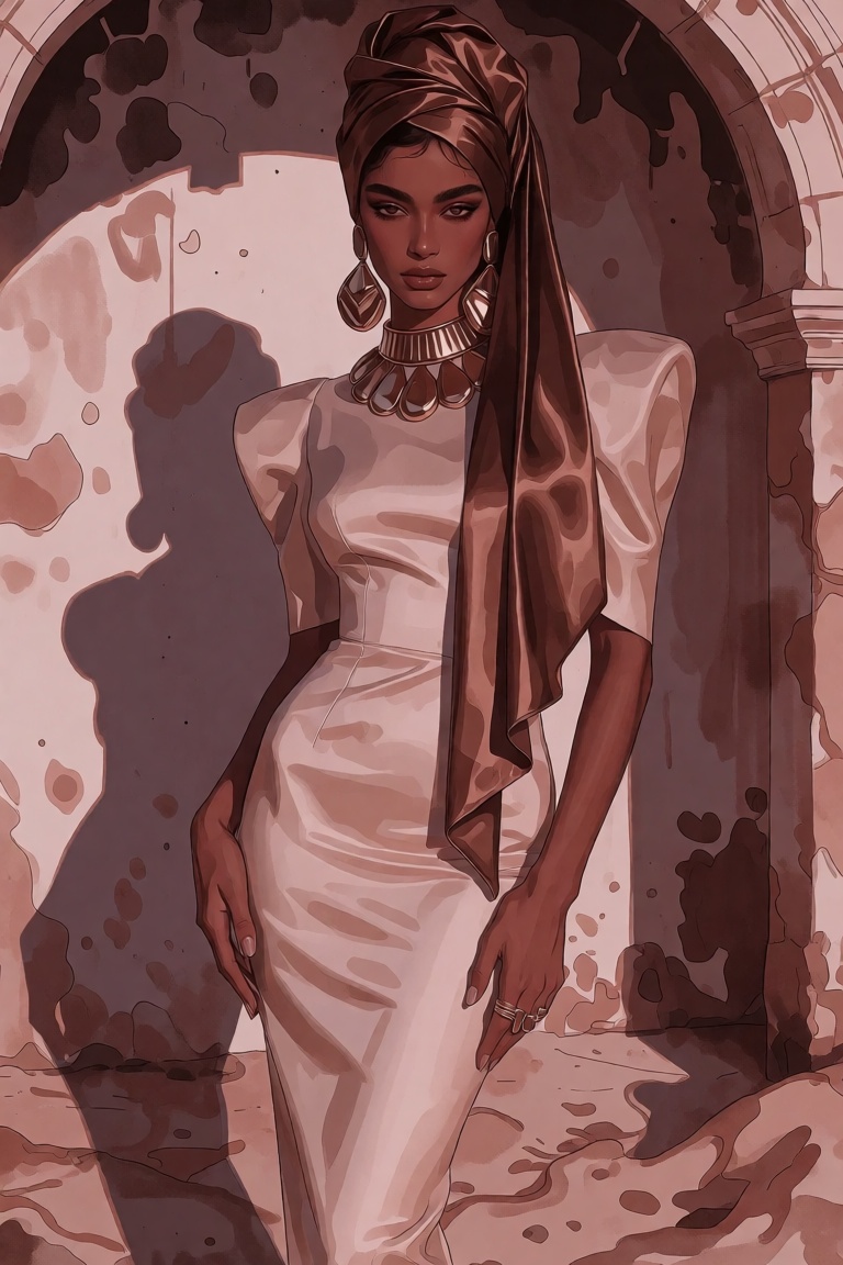 stylized editorial fashion illustration of an Arab woman with olive-brown skin,  strong arched brows,  kohl-rimmed eyes on...