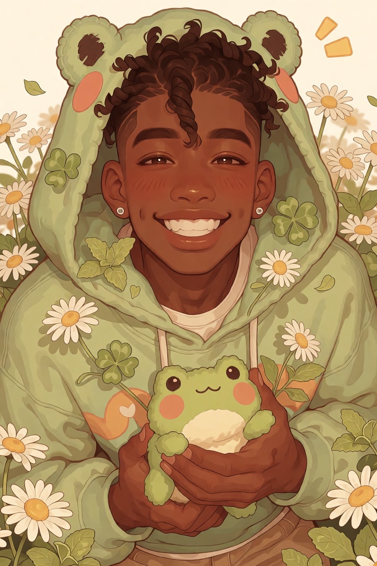 illustration of a young Black man with medium golden-brown skin,  a fresh fade with a cute twisted curl on top,  wide brig...