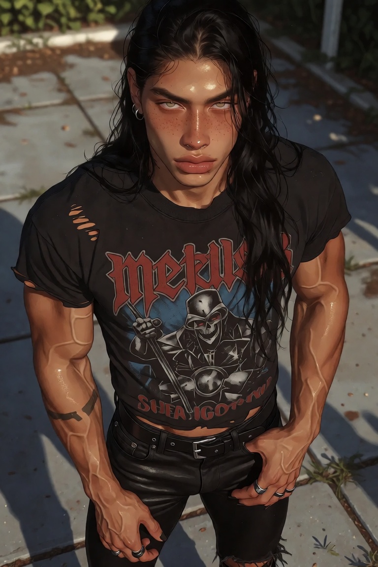 Create a highly detailed,  masterwork photograph of a gorgeous male,  with long black hair. he's a metalhead. wears a worn...