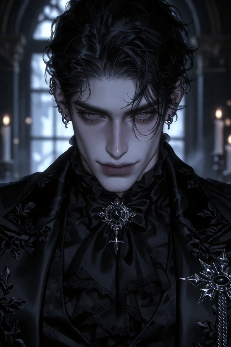 Create a half-body portrait of a pretty boy in a dark gothic setting,  emphasizing his pale elegant beauty and delicate ma...