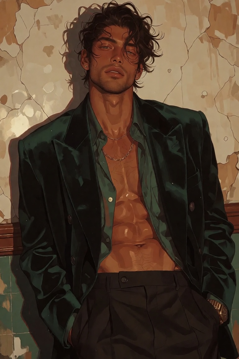 stylized editorial illustration of a Latino man with golden-tan skin,  tousled dark wavy hair,  light stubble on Tensor.Art