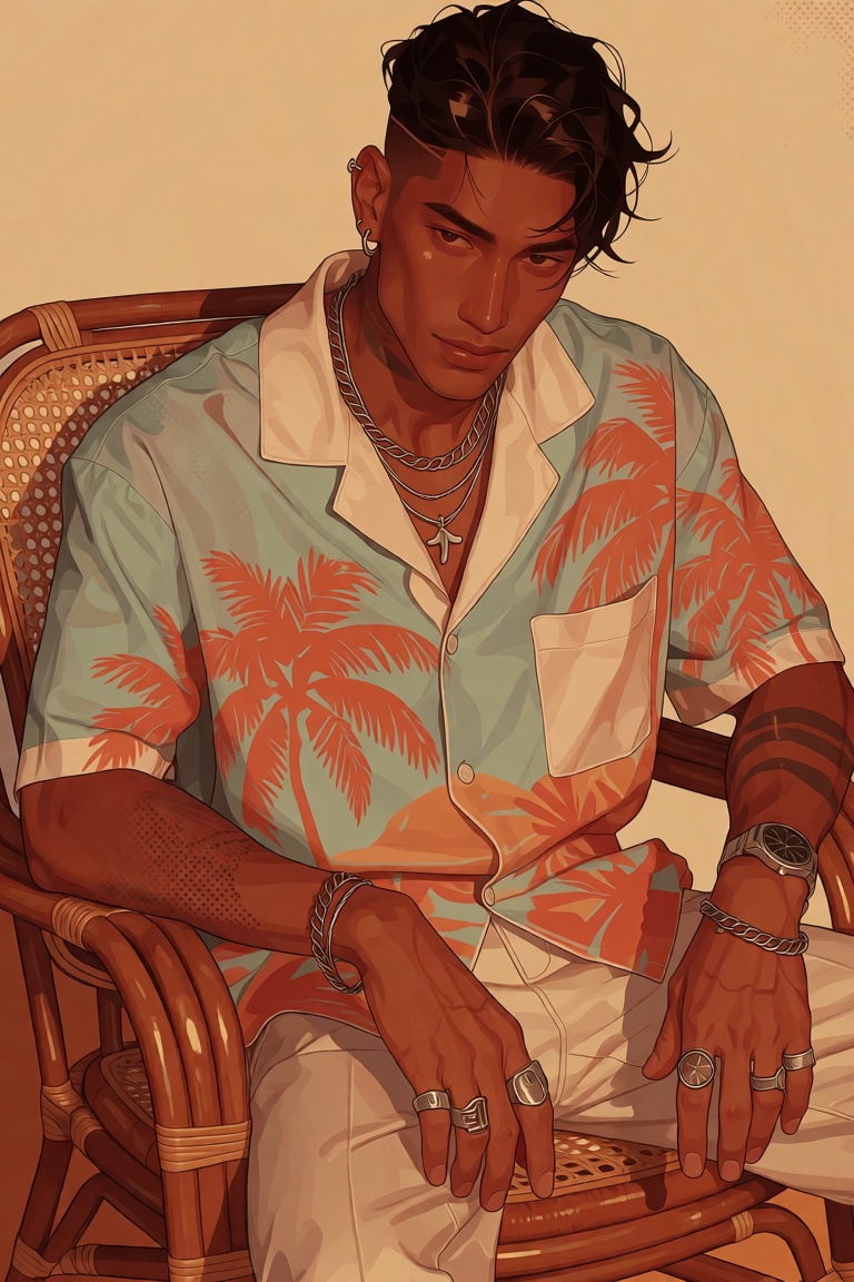 stylized editorial illustration of a Filipino man with warm caramel-brown skin,  a sharp undercut with a glossy black quif...