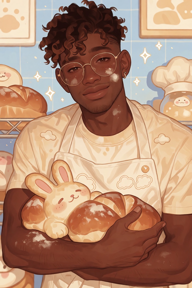 illustration of a young Black man with warm dark brown skin and a gentle sleepy smile,  soft tapered curls with a tiny flo...