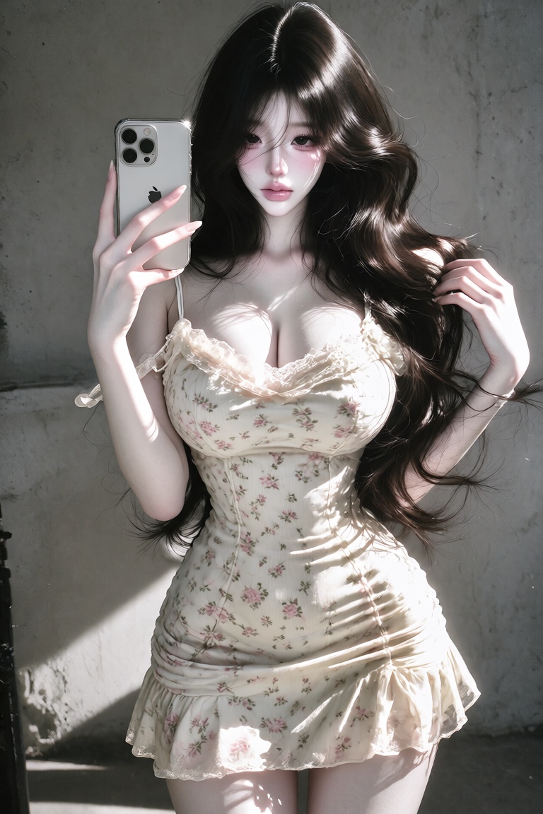 A beautiful young East Asian woman with long,  voluminous dark wavy hair cascading over her shoulders,  fair porcelain ski...