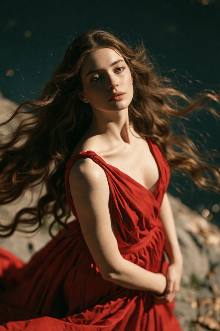 Photorealistic image of a woman with fair white skin,  she standing outdoors,  her flowing brown hair cascading around her...