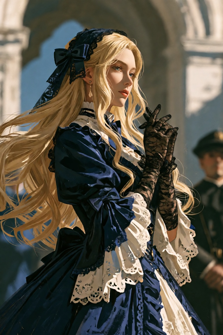 A cinematic scene featuring a woman with long,  flowing blonde hair,  dressed in a gothic lolita gown. She is standing wit...