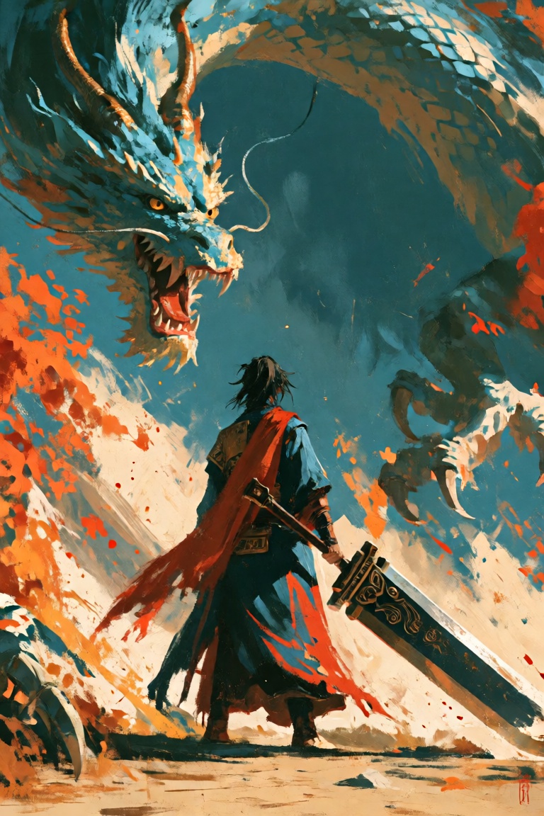 a painterly scene where a lone figure stands back to the viewer,  wielding a massive sword. In the background,  a fierce d...