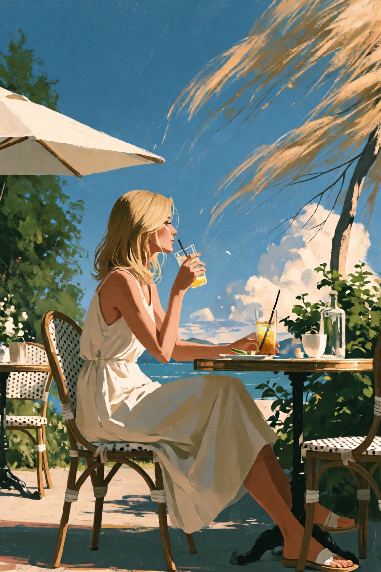 A blonde woman with medium-length hair is sitting in an outdoors cafe,  dressed in a sundress. The setting is bright and s...
