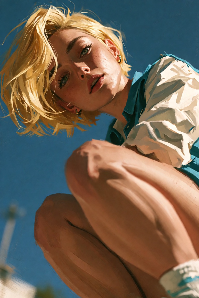 A detailed image of a woman squatting,  looking directly at the viewer with a vibrant blonde hairstyle. Use a worm's-eye v...