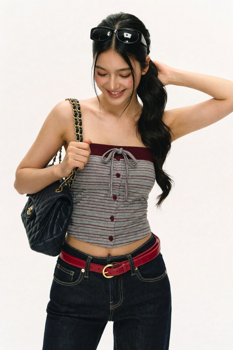 Candid UGC smartphone catalog test-shoot snapshot of a young woman standing with head tilted down in a soft smile and lowe...