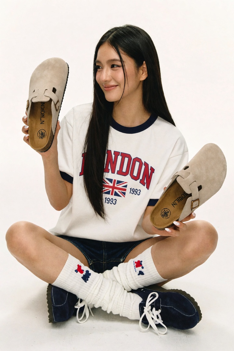 Candid UGC smartphone catalog test-shoot snapshot of a young woman seated cross-legged on a white studio floor,  head turn...