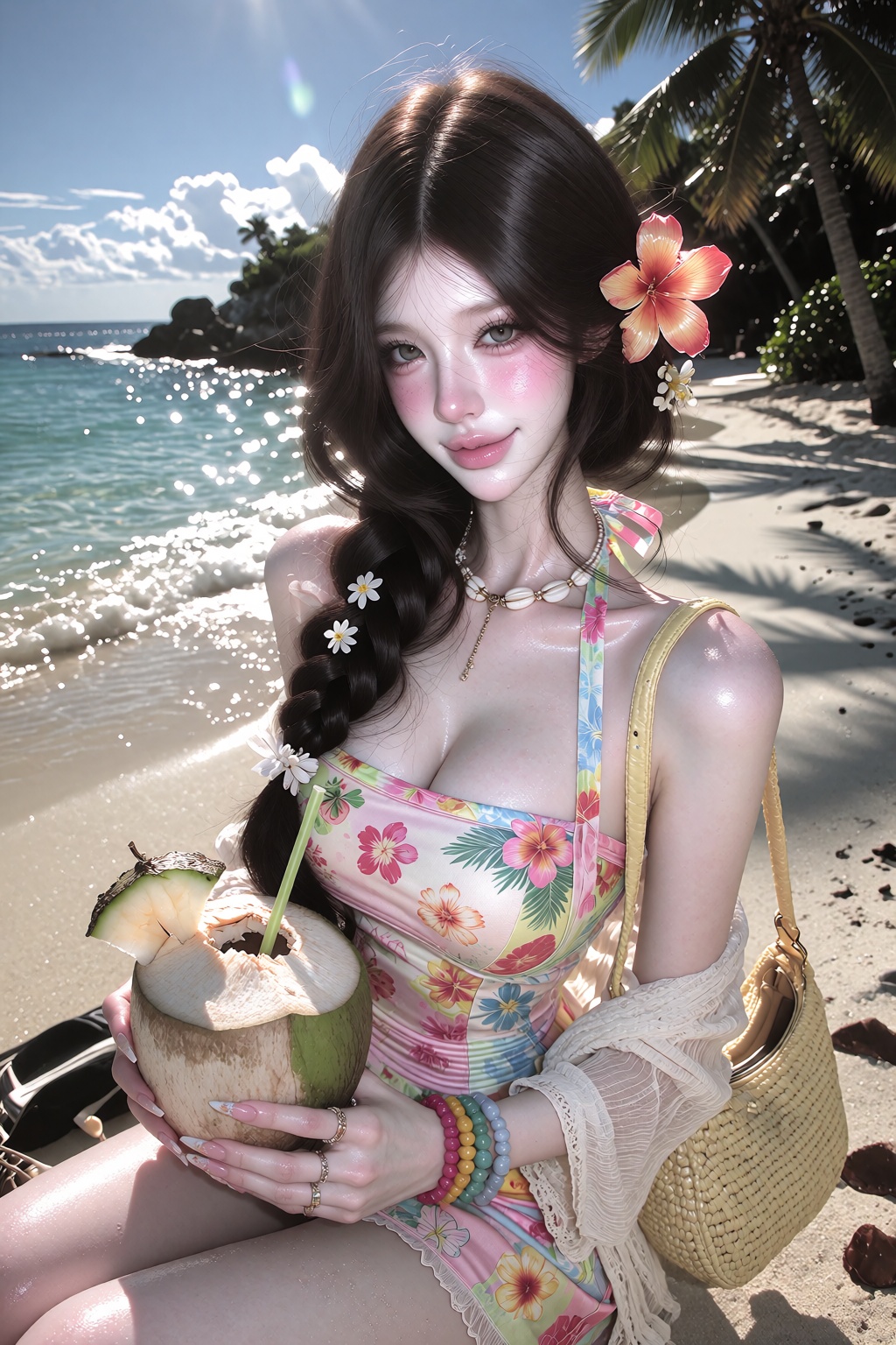 character: young woman with long honey-brown hair styled in a loose side braid with tiny white flowers woven through it ou...