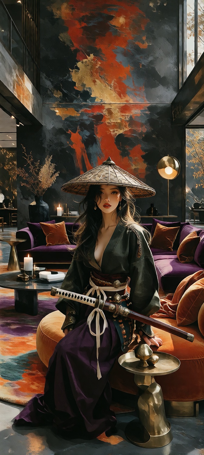 A stunning warrior woman with long flowing wavy dark hair sits confidently in a vast luxurious contemporary loft with soar...