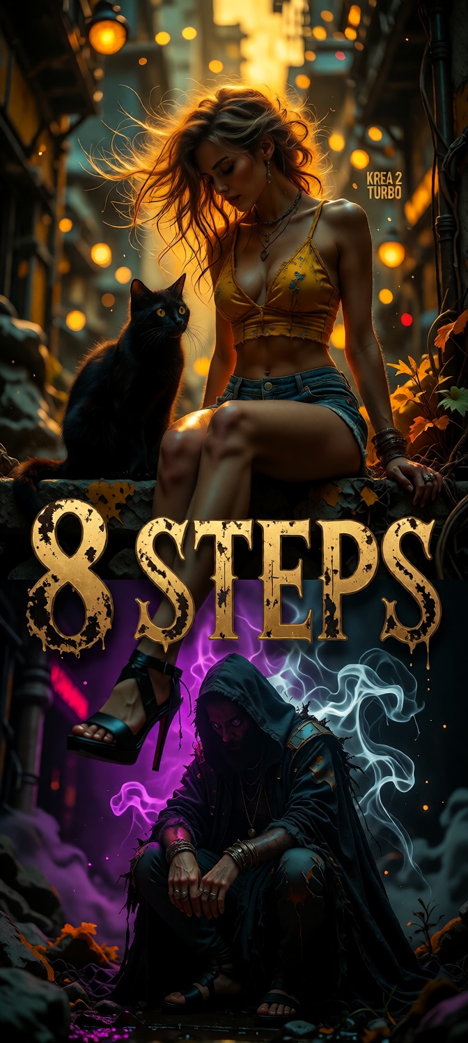 darkoscuro2,  The image is an illustration of an ***** woman in her mid-twenties sitting on a ledge in an urban area. She...