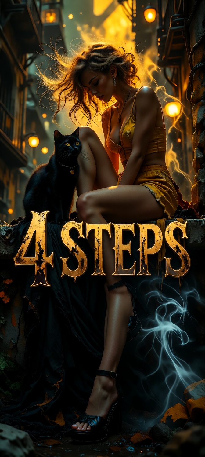 darkoscuro2,  The image is an illustration of an ***** woman in her mid-twenties sitting on a ledge in an urban area. She...