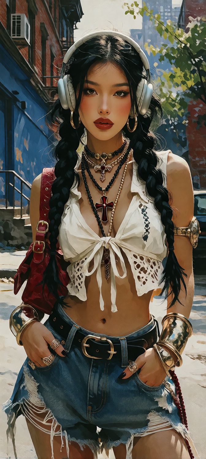 The image is a portrait of a young woman with long black braided hair. She is wearing a white crop top with a tie-front de...