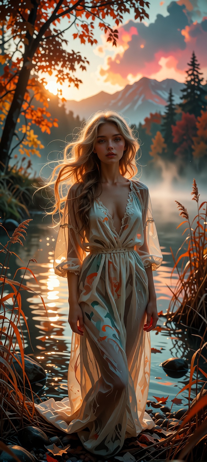 A young woman standing by the shore of a calm lake at sunset,  the water reflecting golden and pink hues from the sky,  su...