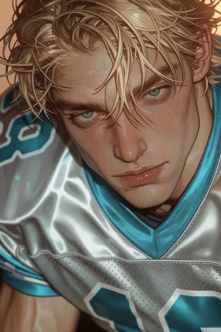 JL8STYP3,  A young man with tousled,  sun-bleached blond hair leans forward in a tight close-up on Tensor.Art