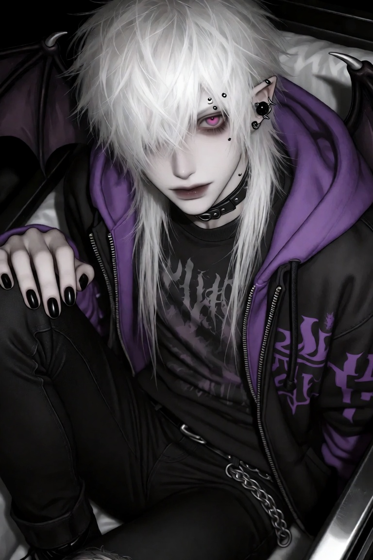 a half-body image of a 1boy with bat wings,  black nails,  ear piercing on Tensor.Art