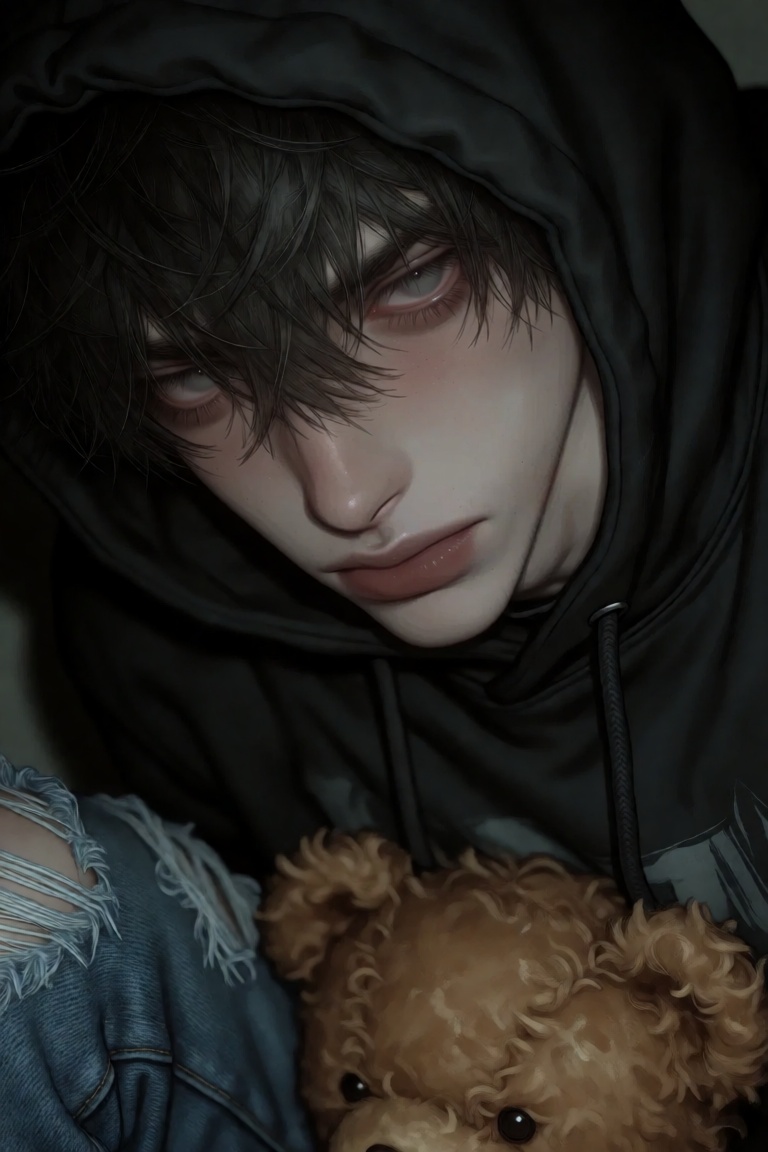 Create a tightly framed,  low-angle close-up of a young man with tousled dark hair and weary,  shadowed eyes on Tensor.Art