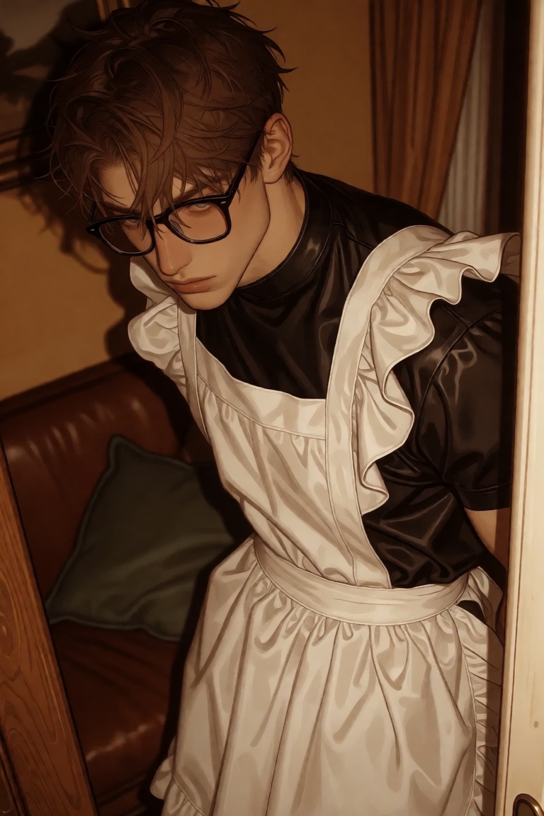 JL8STYP3,  A young man with tousled brown hair and black-rimmed glasses stands in a warmly lit interior,  head bowed and g...