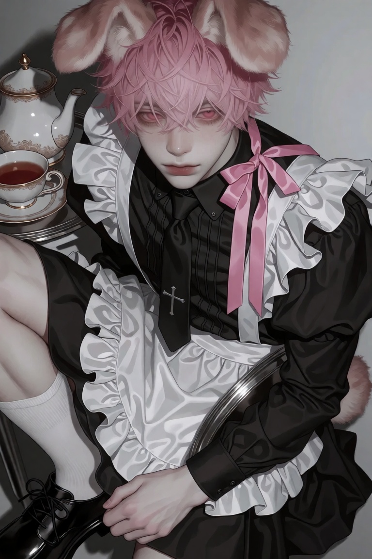 Create a detailed image of a young male with animal ears,  pink eyes,  and pink hair on Tensor.Art