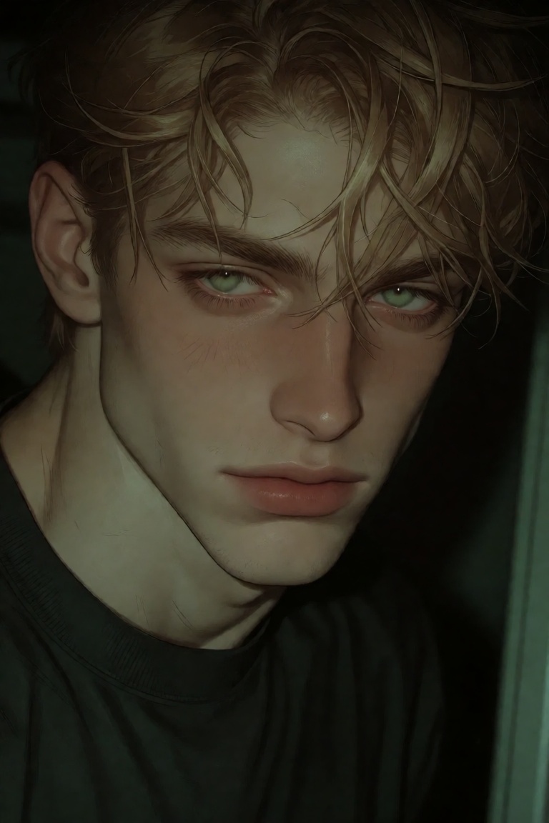 The image depicts a young male with light brown,  tousled hair and striking green eyes. He is wearing a dark-colored shirt...