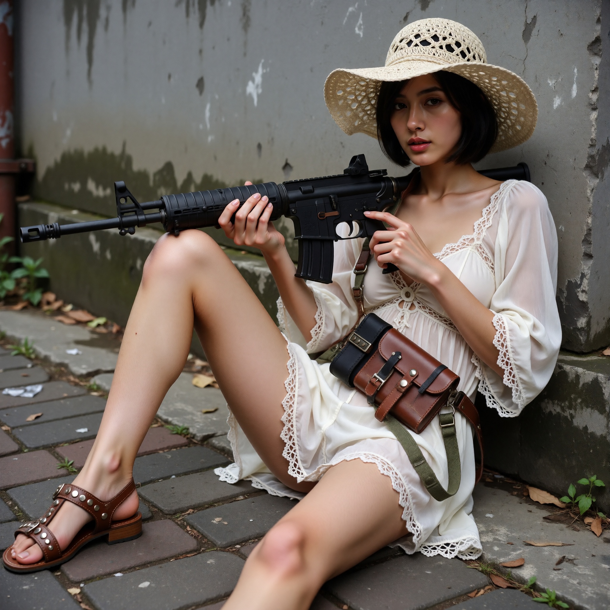 The year is 2011. A striking slender Indonesian woman sits on rough pavement against a weathered concrete wall,  one knee...