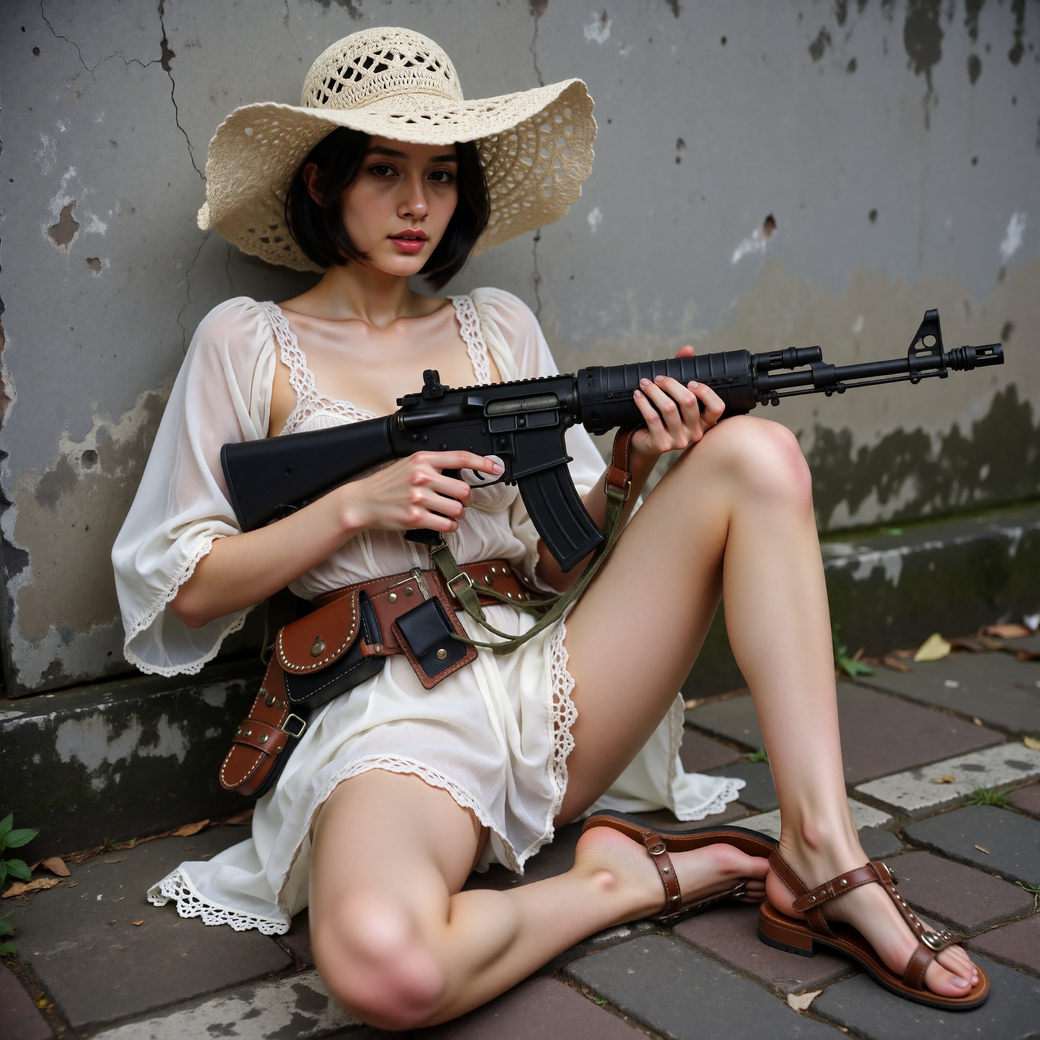 The year is 2011. A striking slender Indonesian woman sits on rough pavement against a weathered concrete wall,  one knee...