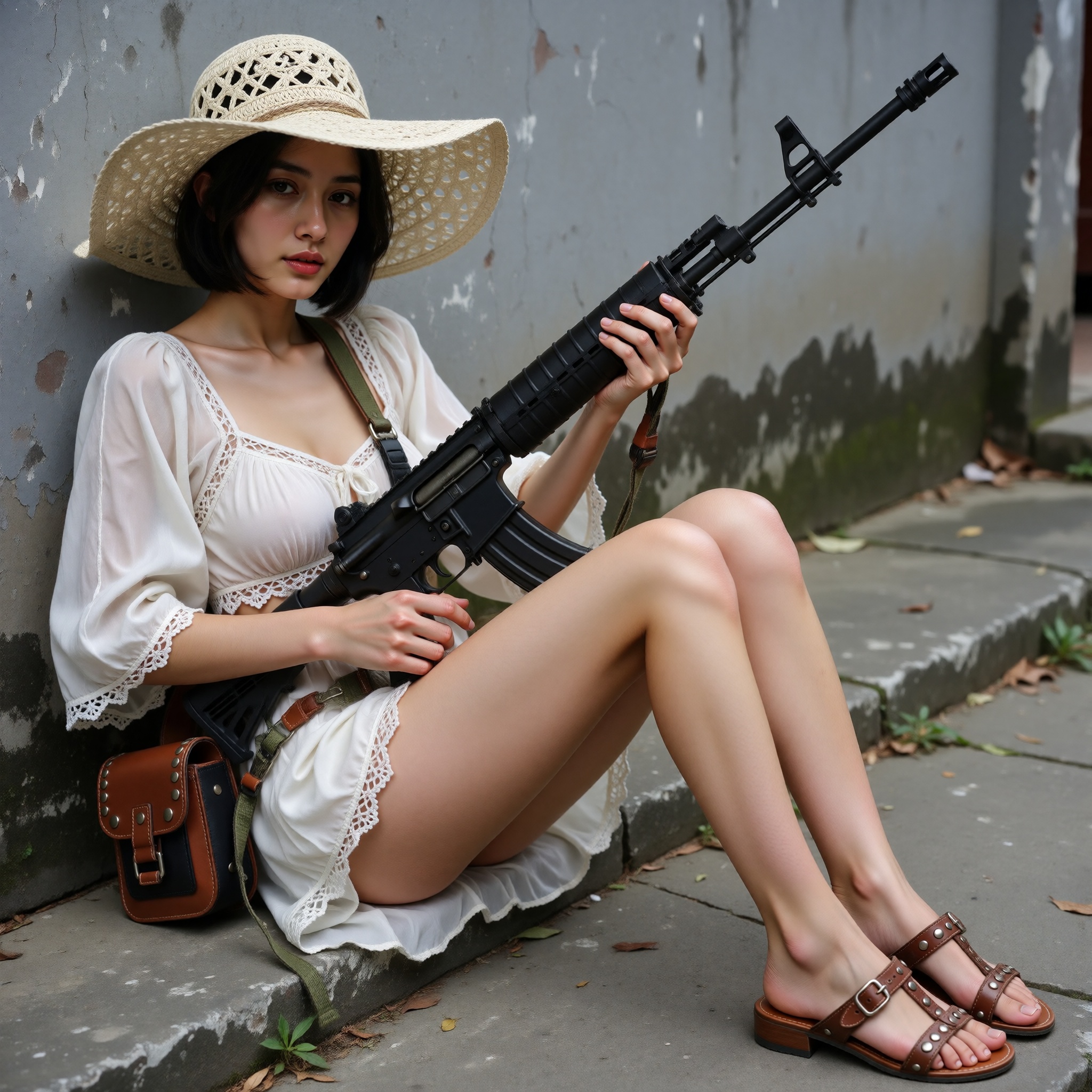 The year is 2011. A striking slender Indonesian woman sits sideways on a low concrete surface beside a weathered gray wall...