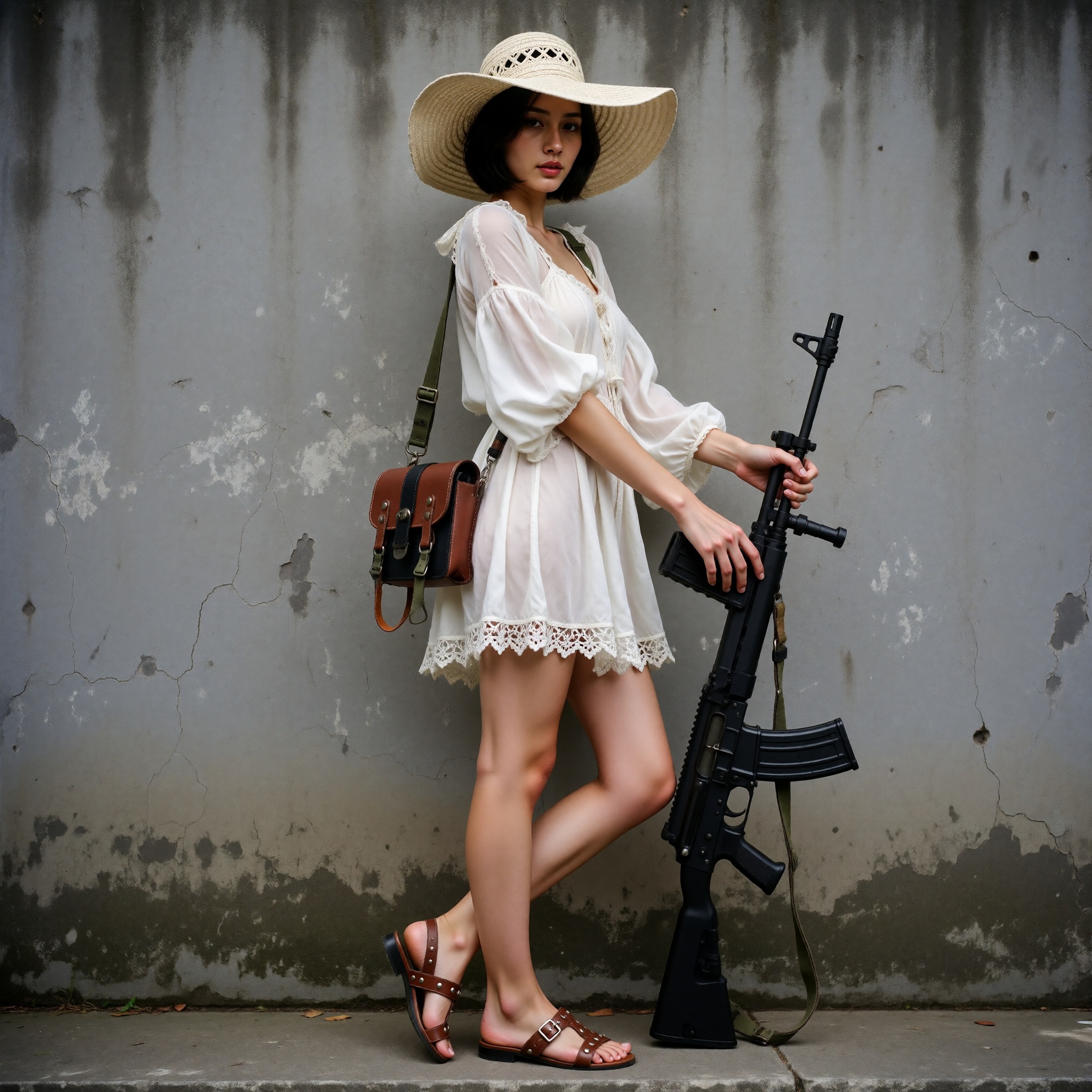 The year is 2011. A tall,  unnervingly slender Indonesian woman stands upright against a weathered gray concrete wall,  he...