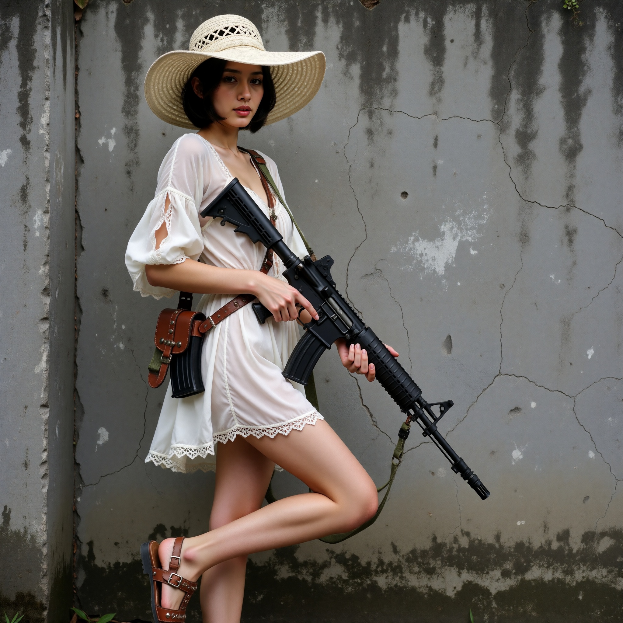 The year is 2011. A striking Indonesian woman with an unnervingly slender elongated figure stands sideways beside a weathe...