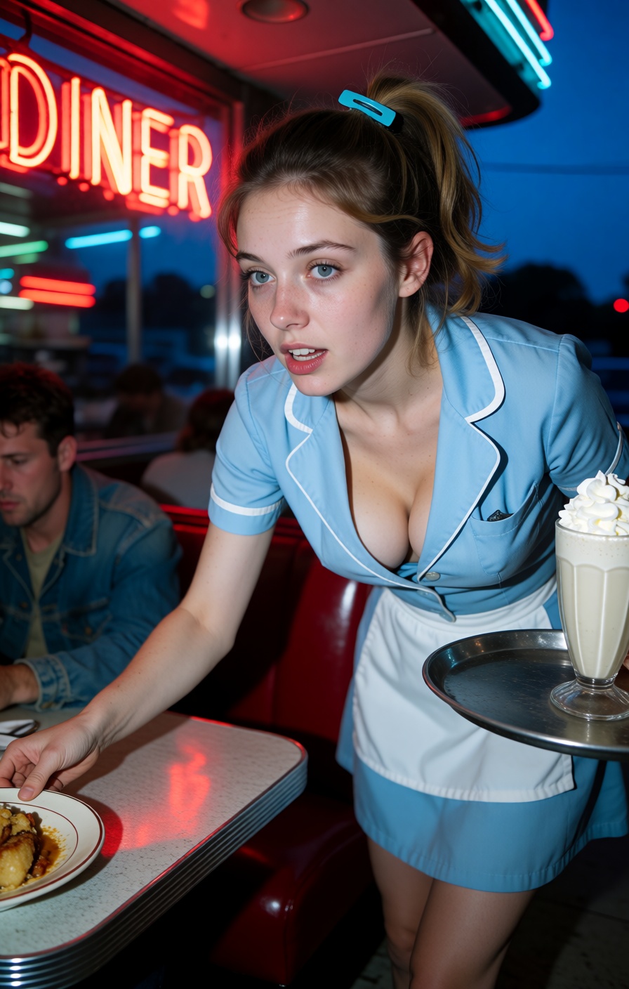 A mysterious 1962 arthouse film still set in a glowing Midwestern Americana diner during the blue hour of twilight. This m...