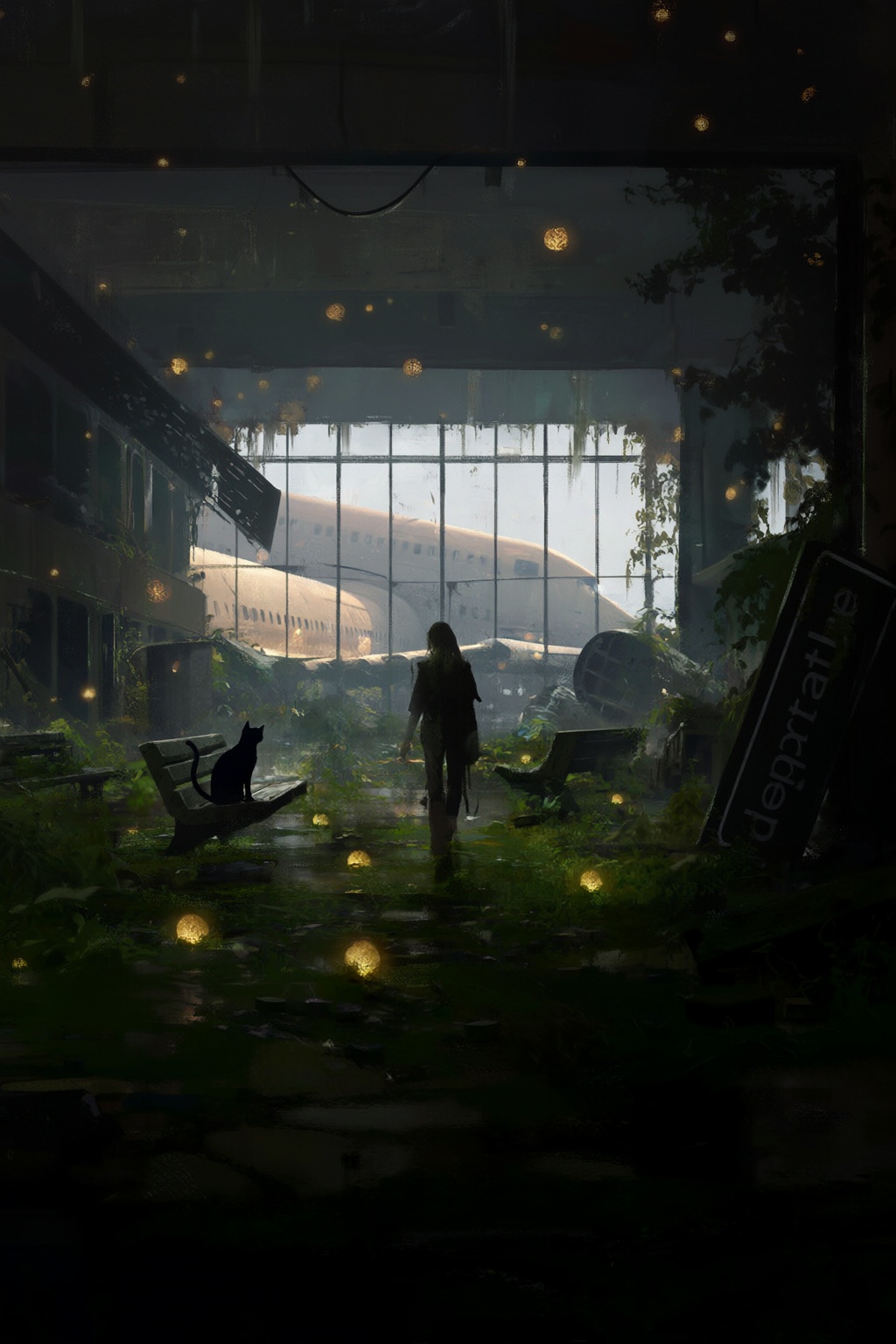 a lone figure walks through a ruined,  overgrown terminal,  silhouetted against a massive on Tensor.Art