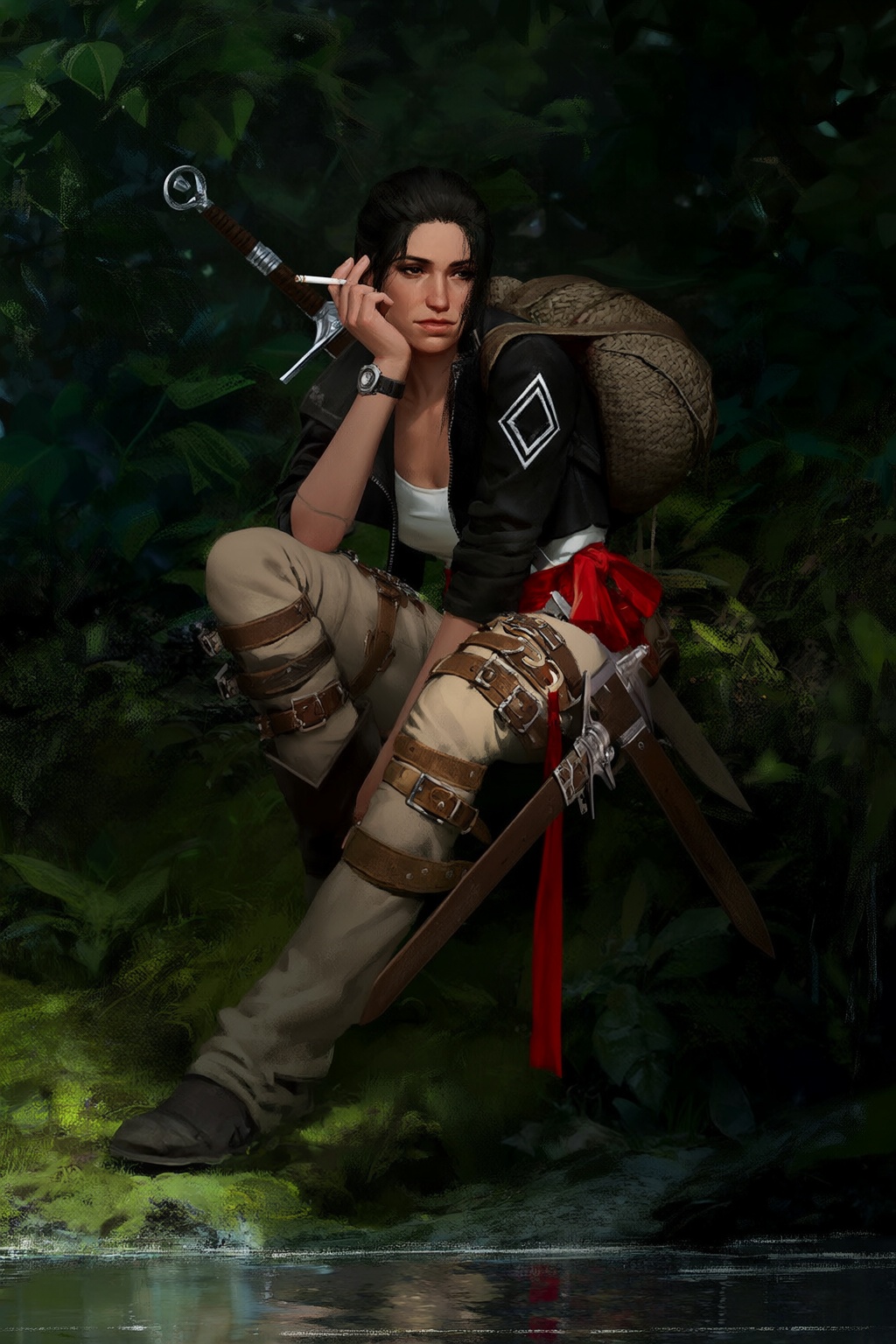 a woman with dark hair tied back sits crouched on a mossy surface in a lush,  leafy environment,  she wears a black jacket...