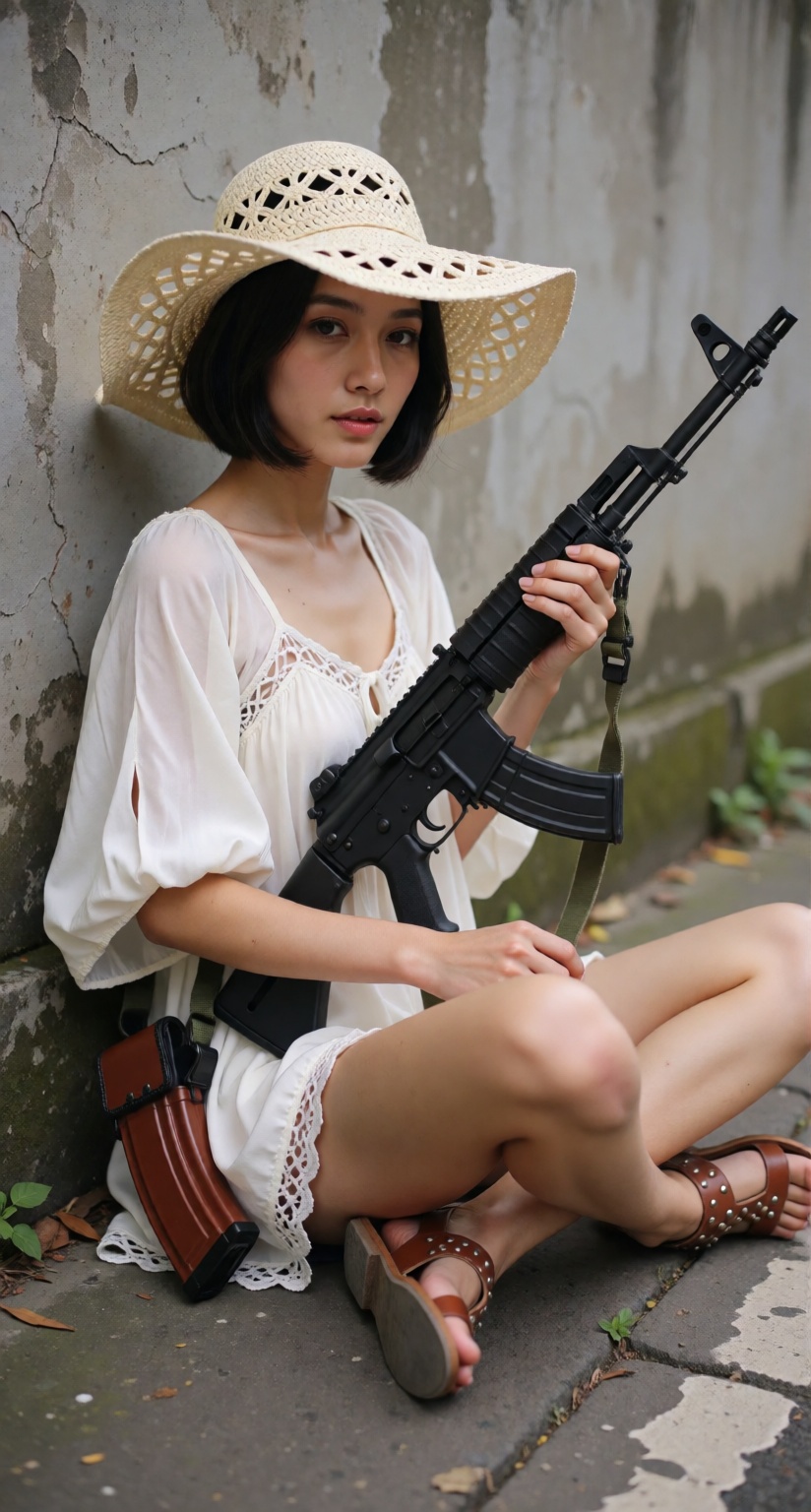 The year is 2011. A slender Indonesian woman sits on the pavement beside a weathered gray concrete wall,  sitting cross-le...