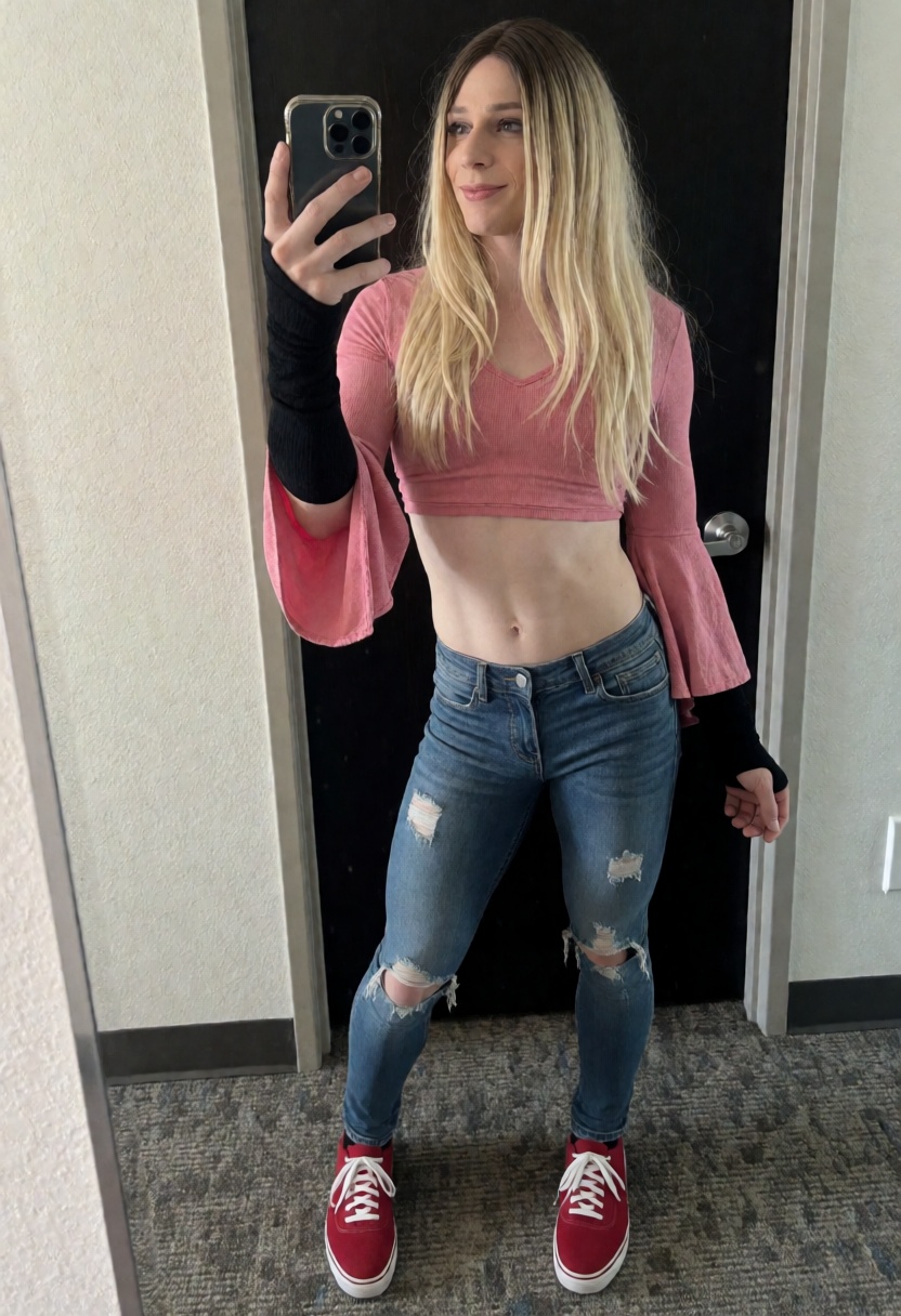 This photograph shows Cindy,  a muscular male with long,  straight blonde hair standing in a doorway on Tensor.Art